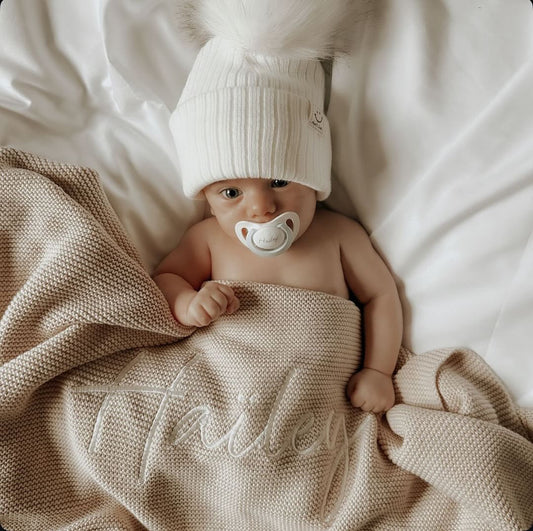 Plaid en maille de coton brodé - Avoine -