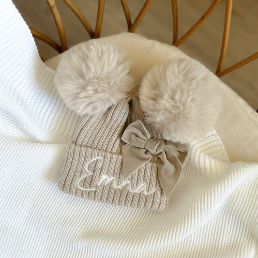 Bonnet d'hiver double Pompom - Beige -