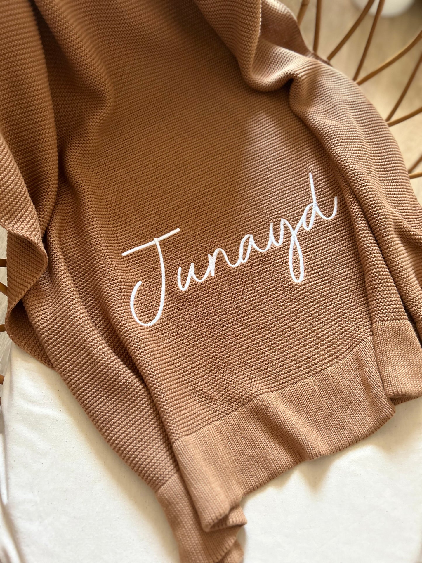 Plaid en maille de coton brodé - Chocolat -