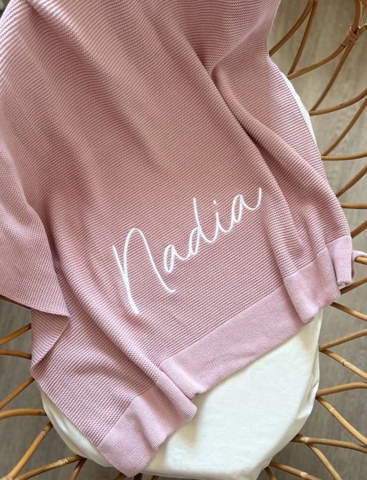 Plaid en maille de coton brodé - Dusty Pink -